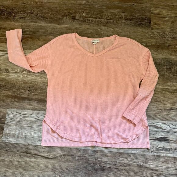 Vintage America Pink V-Neck Waffle Knit Long Sleeve Shirt Size Large - Picture 1 of 5